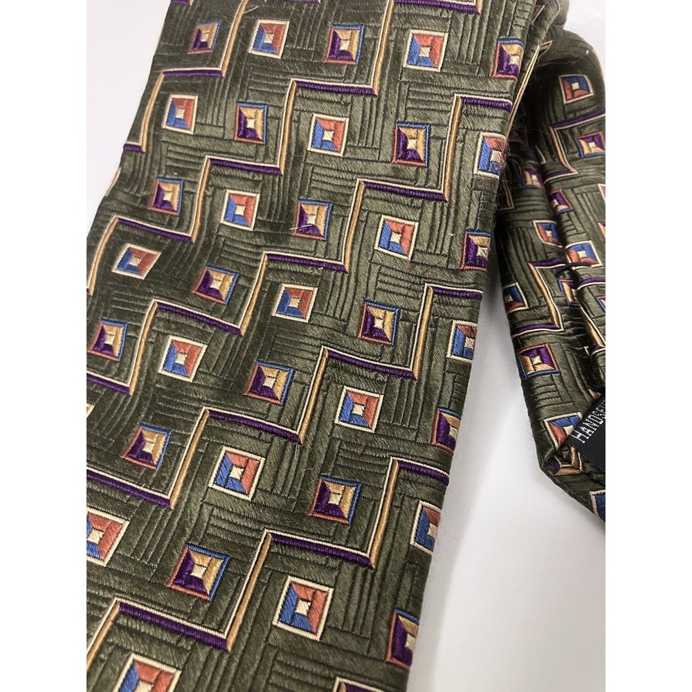 Jos A Bank Signature Collection Tie Olive Green Geometric Pattern Hand-sewn USA - Picture 2 of 5